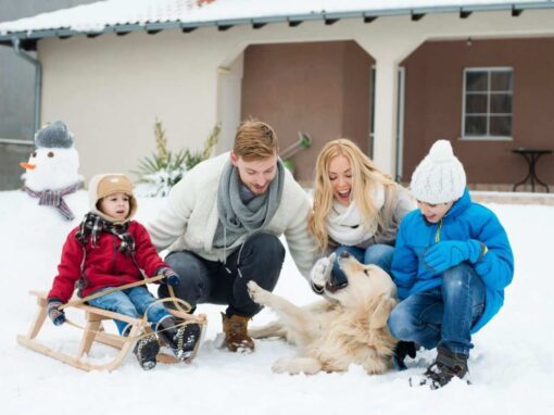 Family with a dog outside the home in winter