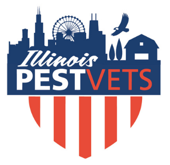 6 Logo for Illinois PestVets, supported by Rose Pest Solutions, featuring a city skyline, Ferris wheel, barn, and eagle above red and white stripes resembling a shield.