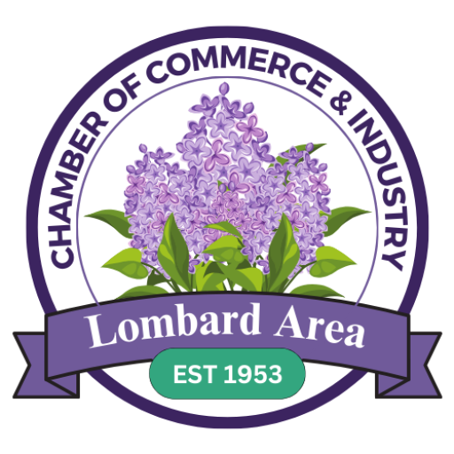 cropped-LOMBARD-CHAMBER-CIRCLE-LOGO-2025 Logo for the Lombard Area Chamber of Commerce & Industry featuring purple lilac flowers, a banner stating "EST 1953"