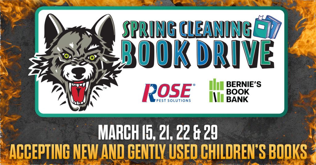 Flyer for a Spring Cleaning Book Drive by Rose Pest Solutions and Bernie's Book Bank—a Chicagoland literacy partnership—accepting new and gently used children's books on March 15, 21, 22, and 29.