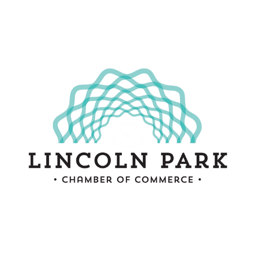 Logo for Lincoln Park Chamber of Commerce featuring overlapping teal arches above the name in bold black text on a white background, representing trusted local services such as chicago pest control.