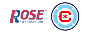 Rose Pest Solutions logo with a red and blue insect graphic appears next to the circular blue and red Chicago Fire FC soccer team logo, highlighting their Chicago Fire FC partnership.