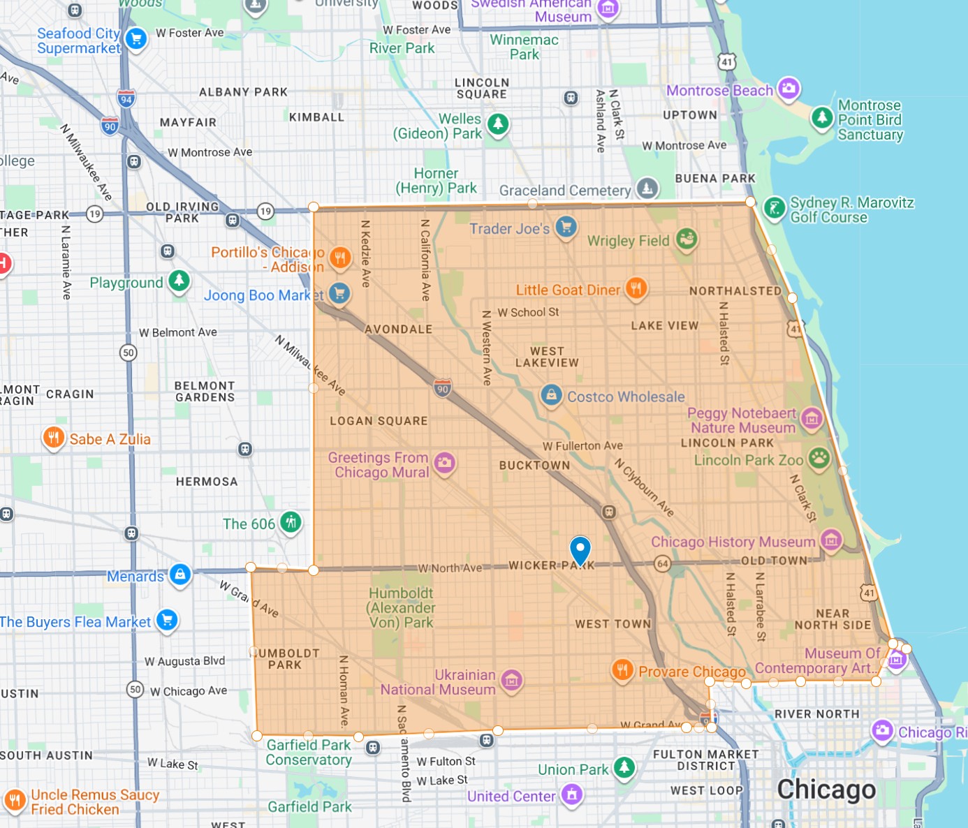 Map of central and North Side Chicago highlighting neighborhoods like Wicker Park, Lincoln Park, and Lakeview—prime areas for chicago pest control—within a shaded rectangle bordered by Lake Michigan.