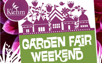 A graphic for Klehm Arboretum & Botanic Garden’s Garden Fair Weekend, featuring stylized houses, blooming flowers, and “Garden Fair” boldly highlighted in the event title.