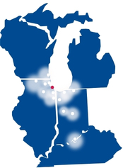 Blue map highlighting parts of the Midwest region of the United States, with several white dots and one red dot marking specific locations for Northfield Pest Control services.