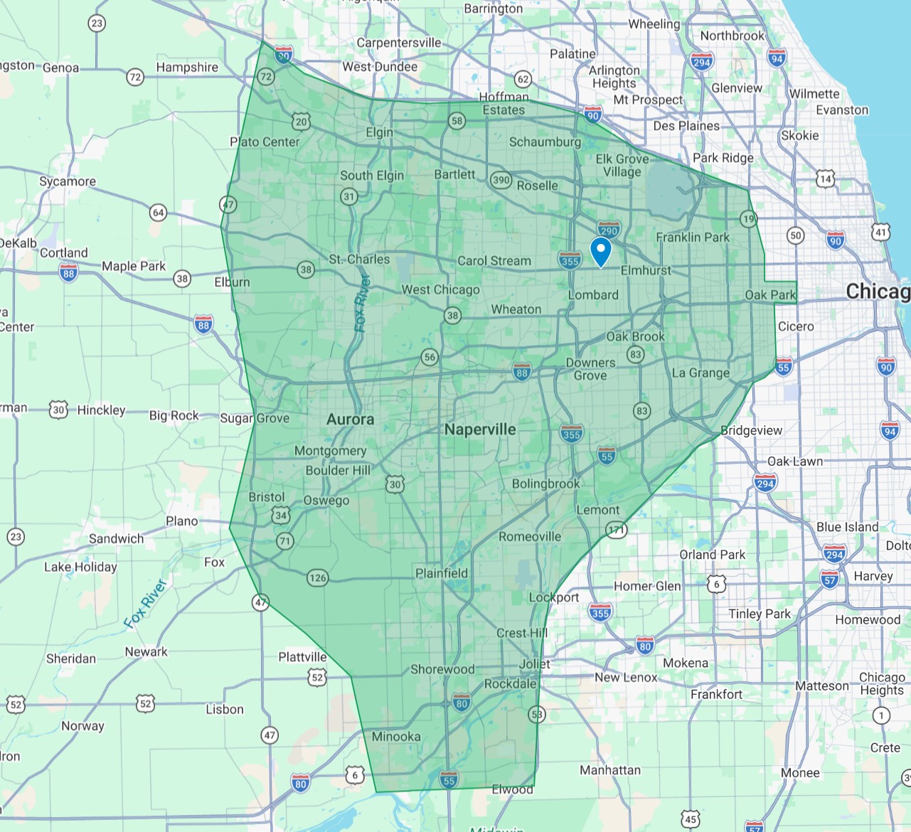 A map showing the Chicago area and western suburbs with a shaded region covering Aurora, Naperville, and Lombard—highlighting areas served by lombard pest control—and a blue marker near Elmhurst.