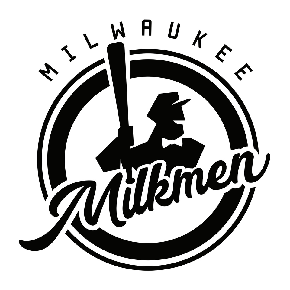 Milwaukee Milkmen Milwaukee Milkmen baseball team logo featuring a stylized milkman holding a bat inside a circular design with the team name, reminiscent of Racine pest control icons for its bold and clean lines.