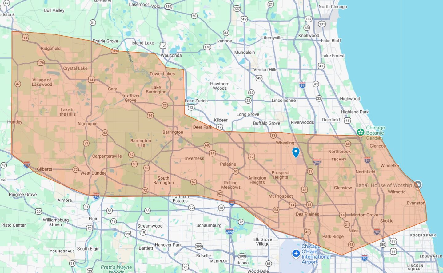 A map showing Chicago and surrounding suburbs, with a large shaded area indicating a specific region—from Crystal Lake to Chicago’s North Side—relevant for Wheeling pest control services.