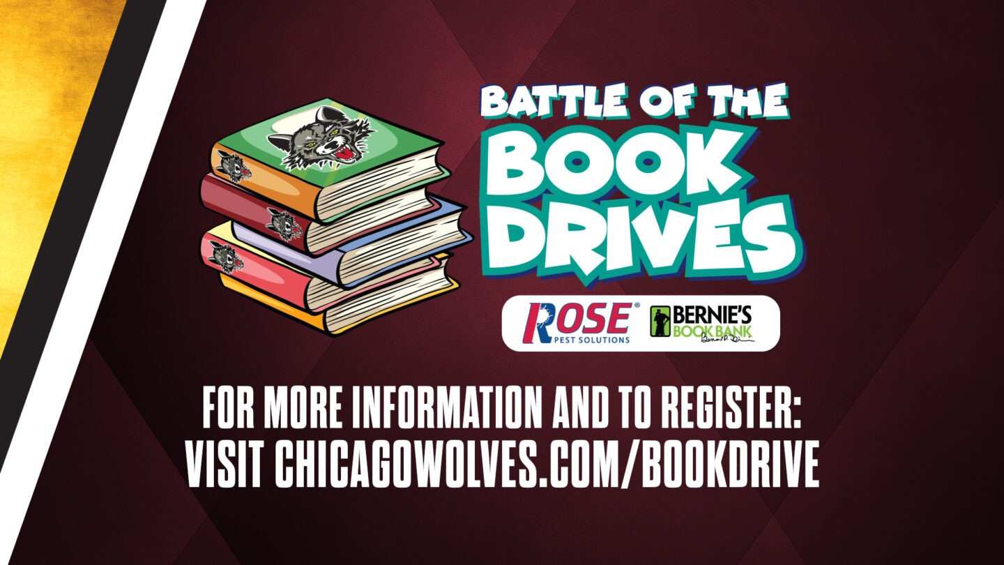 Bernies Battle Book Drives Battle of the Book Drives promo with stacked books and event details banner